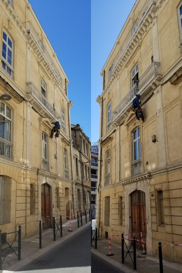 Cration d'un carottage sur la faade de cet immeuble  Montpellier pour mettre en place un raccordement lectrique 